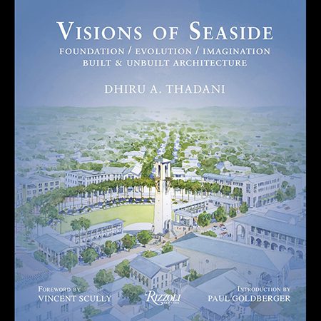 A coastal town with a prominent lighthouse at its center.