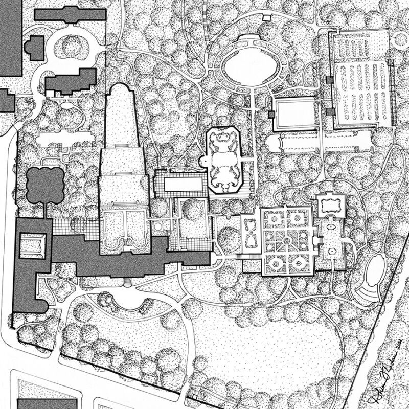 Black and White Drawing Of Dumbarton Oaks